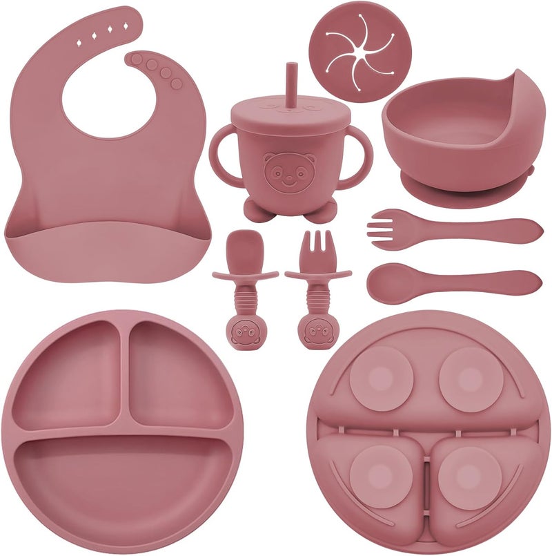 Munlinder Silicone Baby Feeding Set | Baby Led Weaning Supplies Includes Suction Bowls and Divided Plates, Adjustable Bib, Baby Utensils Spoons and Forks,Cup | Baby Feeding Essentials (Red) - Image 1